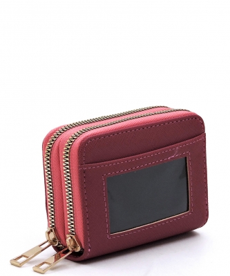 Saffiano Accordion Card Holder Double Zip Wallet SA014 WINE